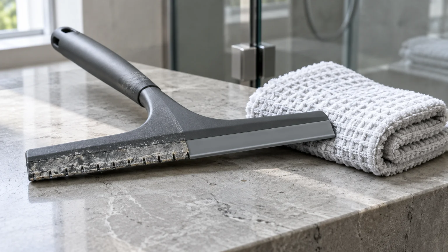 A squeegee with a worn, crusted blade edge rests beside a folded white textured towel on a marble countertop.