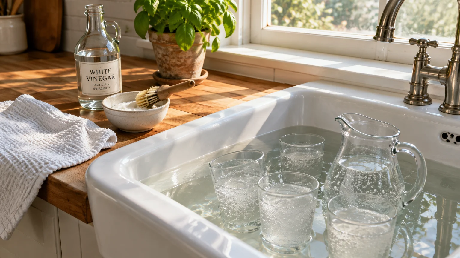 Glass cups and a pitcher soaking in water inside a white farmhouse sink next to a bottle of white vinegar.