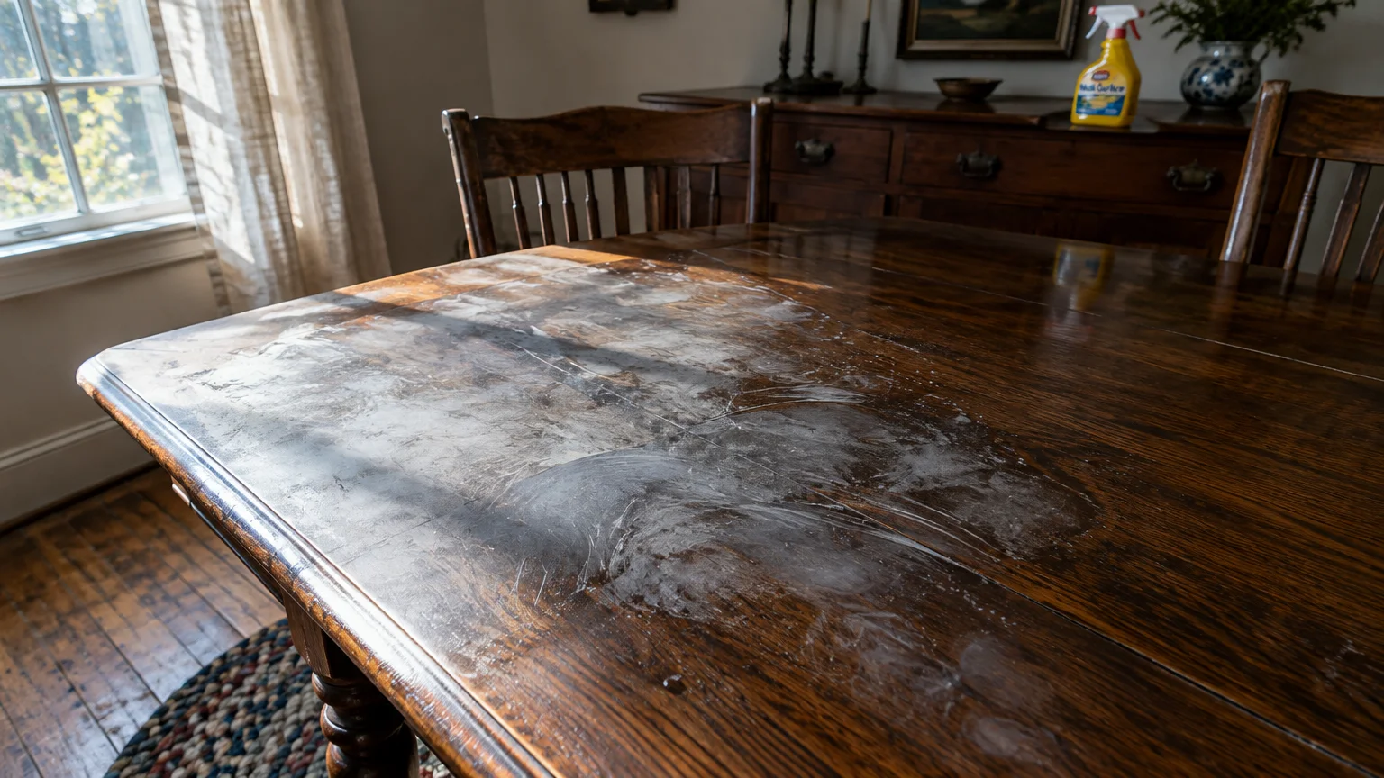 A dark wood antique dining table marred by a large, cloudy white chemical stain across its polished surface.
