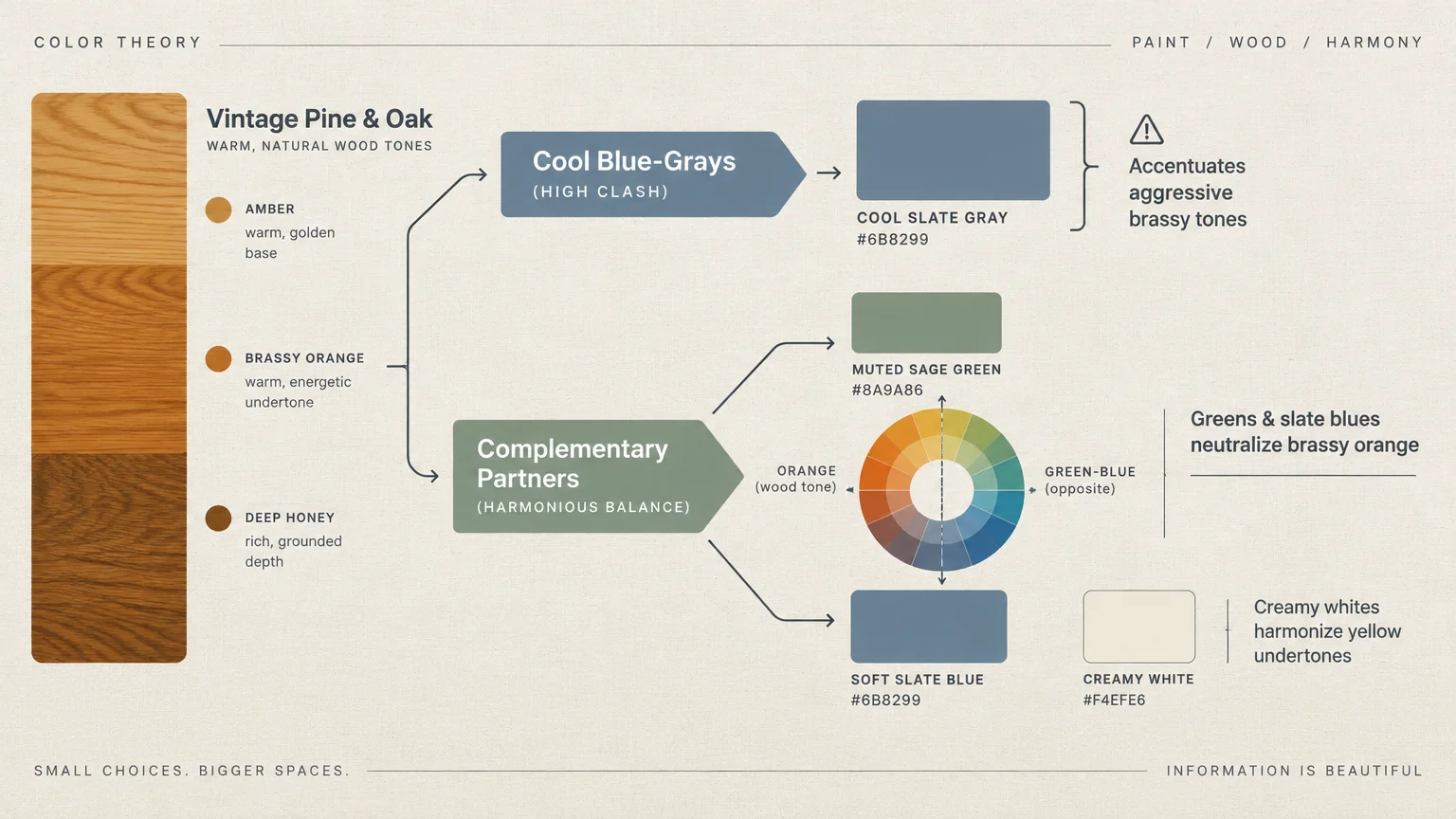 Color theory diagram pairing wood swatches with paint colors, showing complementary greens and blues opposite orange.