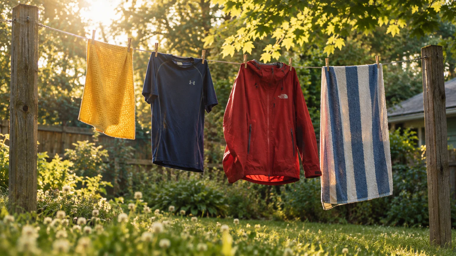 Laundry hanging on a backyard clothesline, including a yellow towel, blue shirt, red jacket, and striped beach towel.