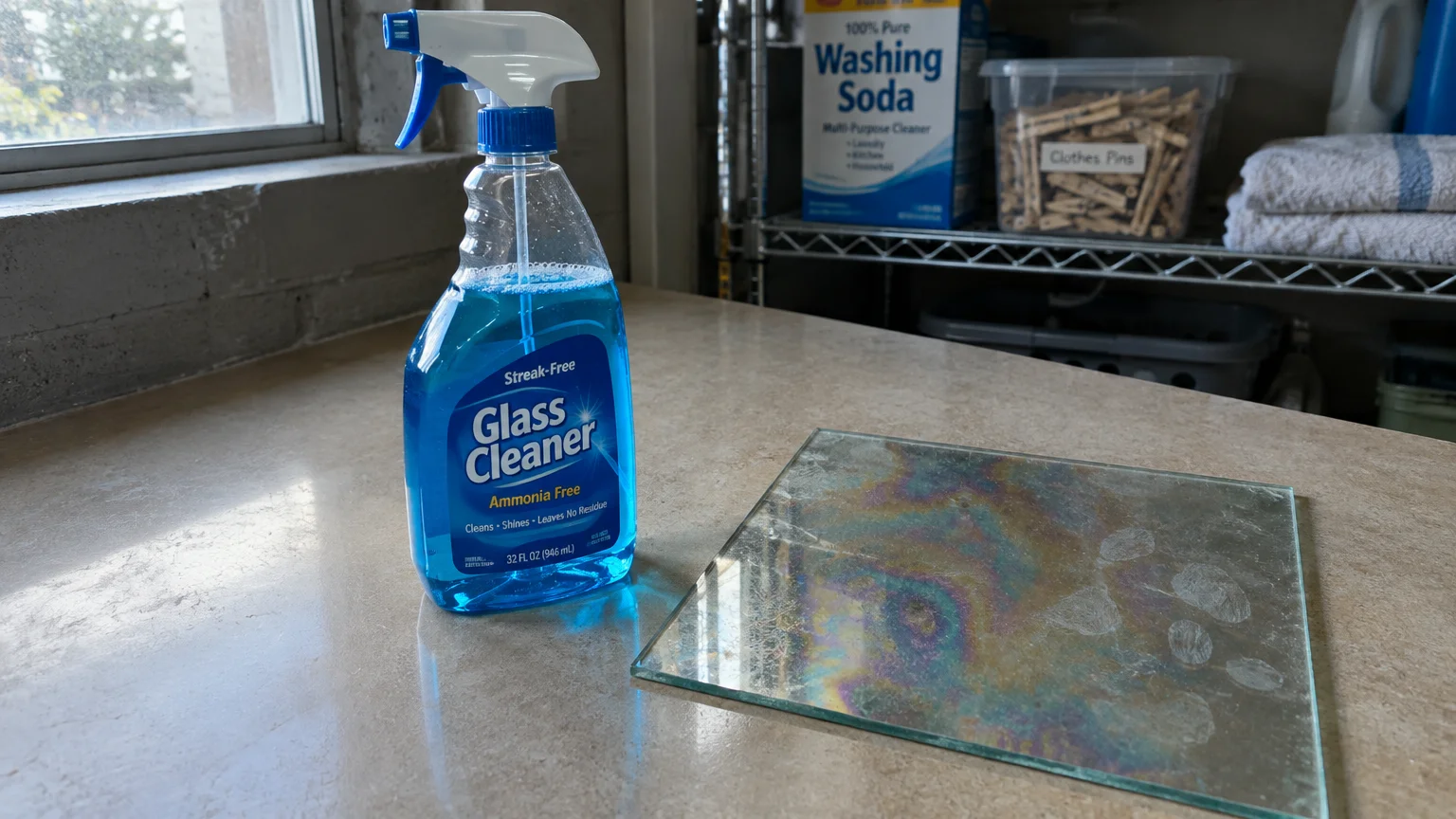 A bottle of blue glass cleaner spray next to a square pane of glass covered in oily, iridescent residue on a counter.