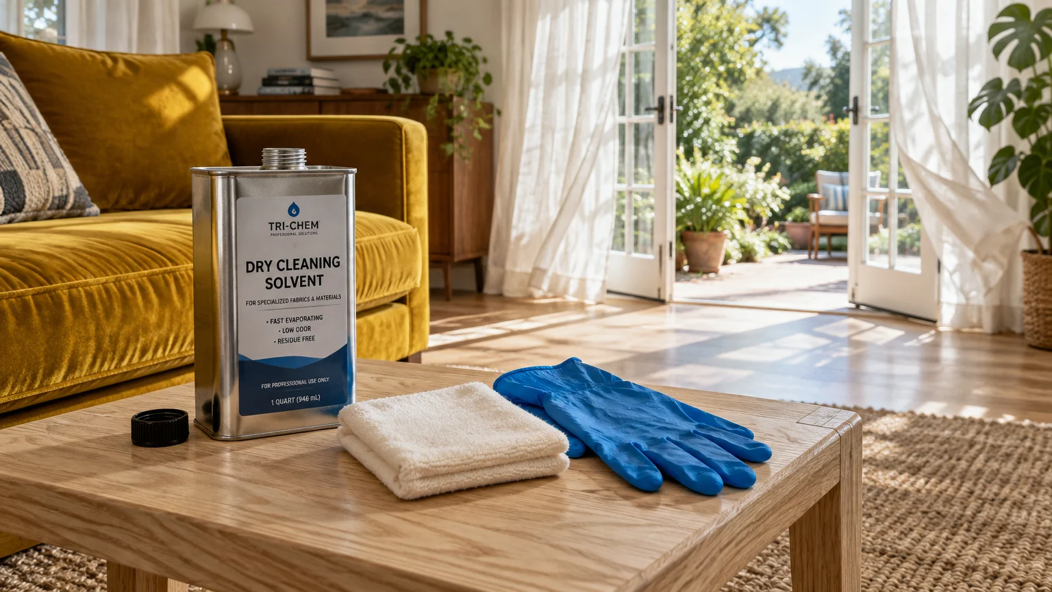 A can of dry cleaning solvent, a folded white cloth, and blue protective gloves rest on a wooden coffee table indoors.