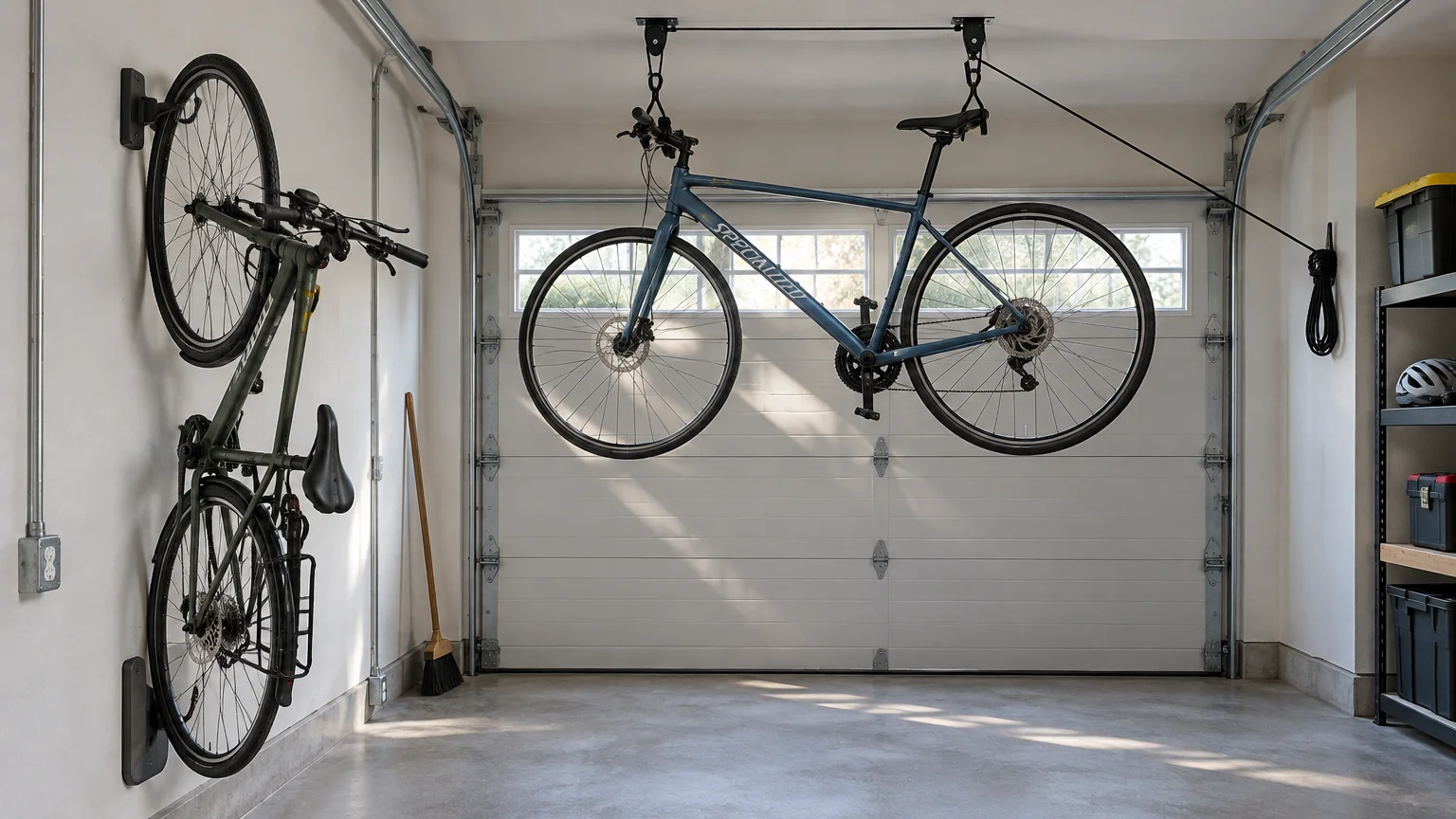 A bicycle suspended from a garage ceiling hoist next to another bike mounted vertically on the white wall.