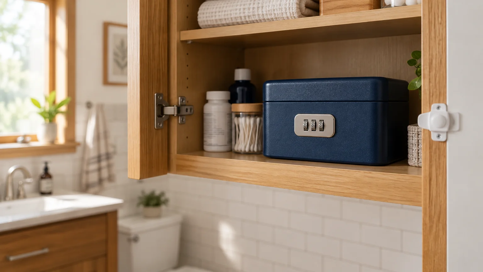 Open wooden bathroom cabinet shelf holding a navy blue combination lockbox, pill bottles, and a childproof latch.