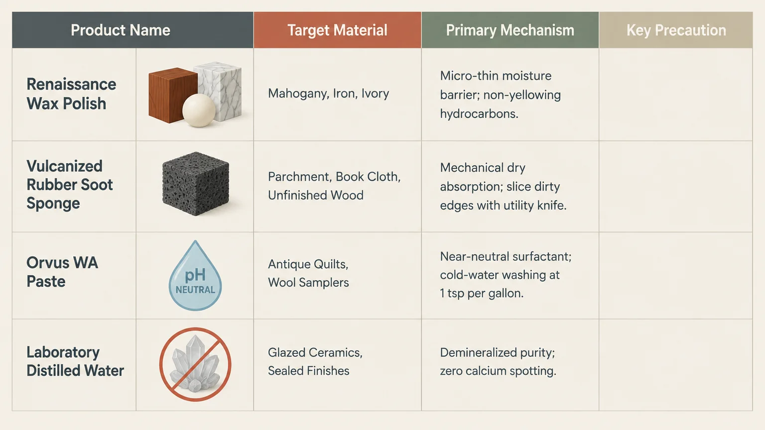 Comparison chart listing antique cleaning products, target materials, primary mechanisms, and empty precaution columns.