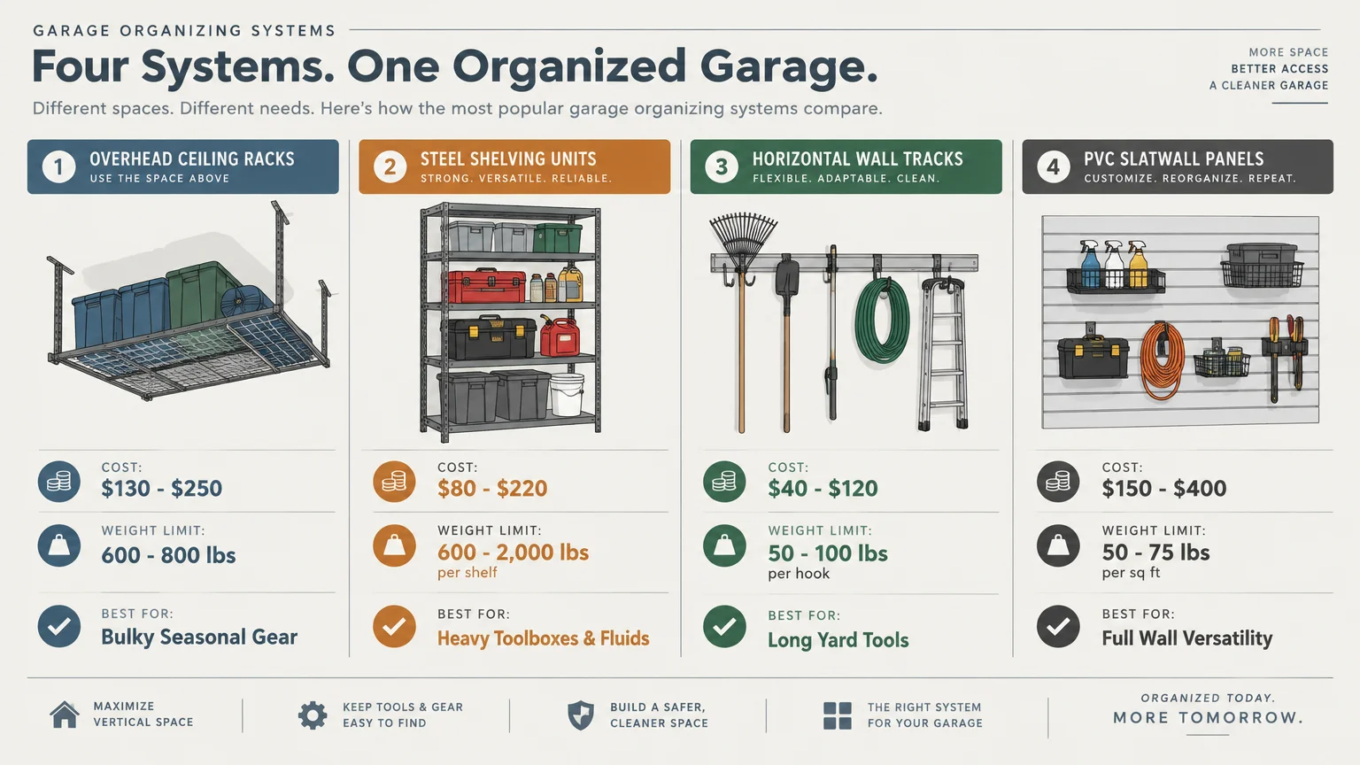 Comparison graphic of overhead ceiling racks, steel shelving units, horizontal wall tracks, and PVC slatwall panels.
