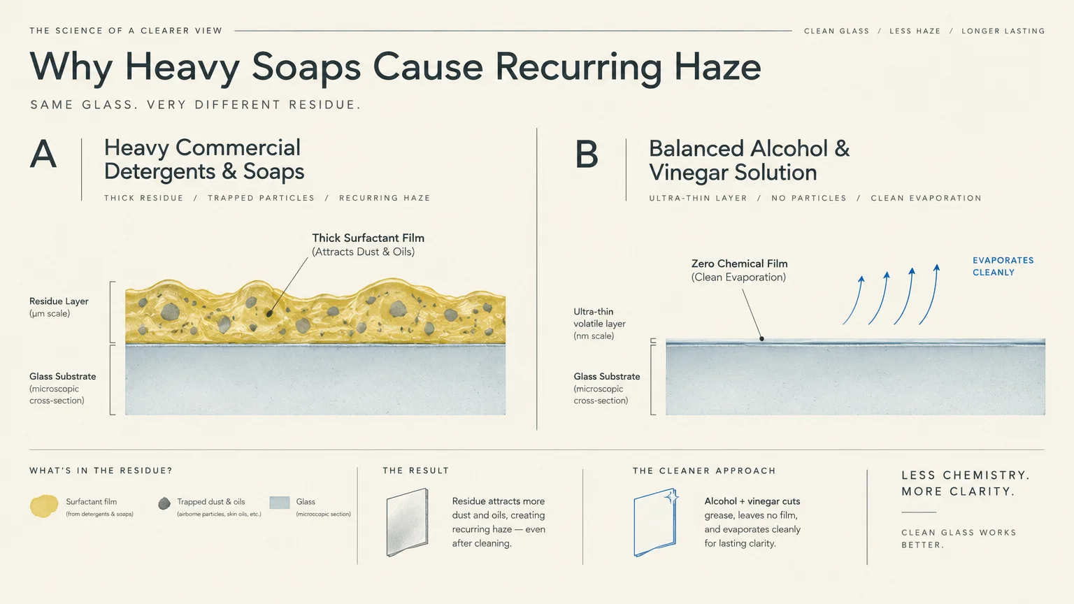 Diagram comparing microscopic cross-sections of heavy soap surfactant residue versus a clean evaporating solution on glass.