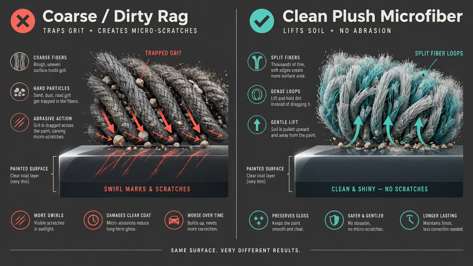 Diagram comparing a dirty rag dragging grit and scratching paint versus plush microfiber loops lifting soil gently.