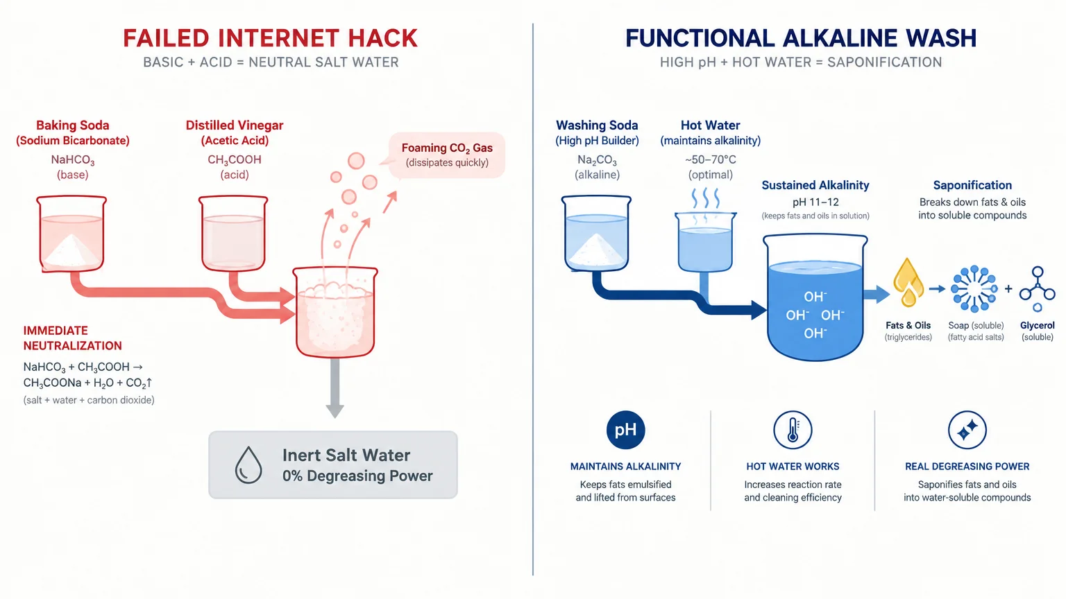 Diagram comparing a failed DIY hack neutralizing vinegar and baking soda against an alkaline wash that breaks down oils.