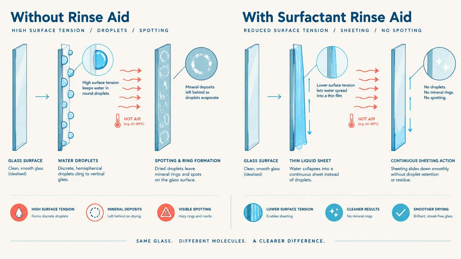 Diagram comparing water droplets forming mineral spots on glass without rinse aid versus sheeting cleanly with rinse aid.