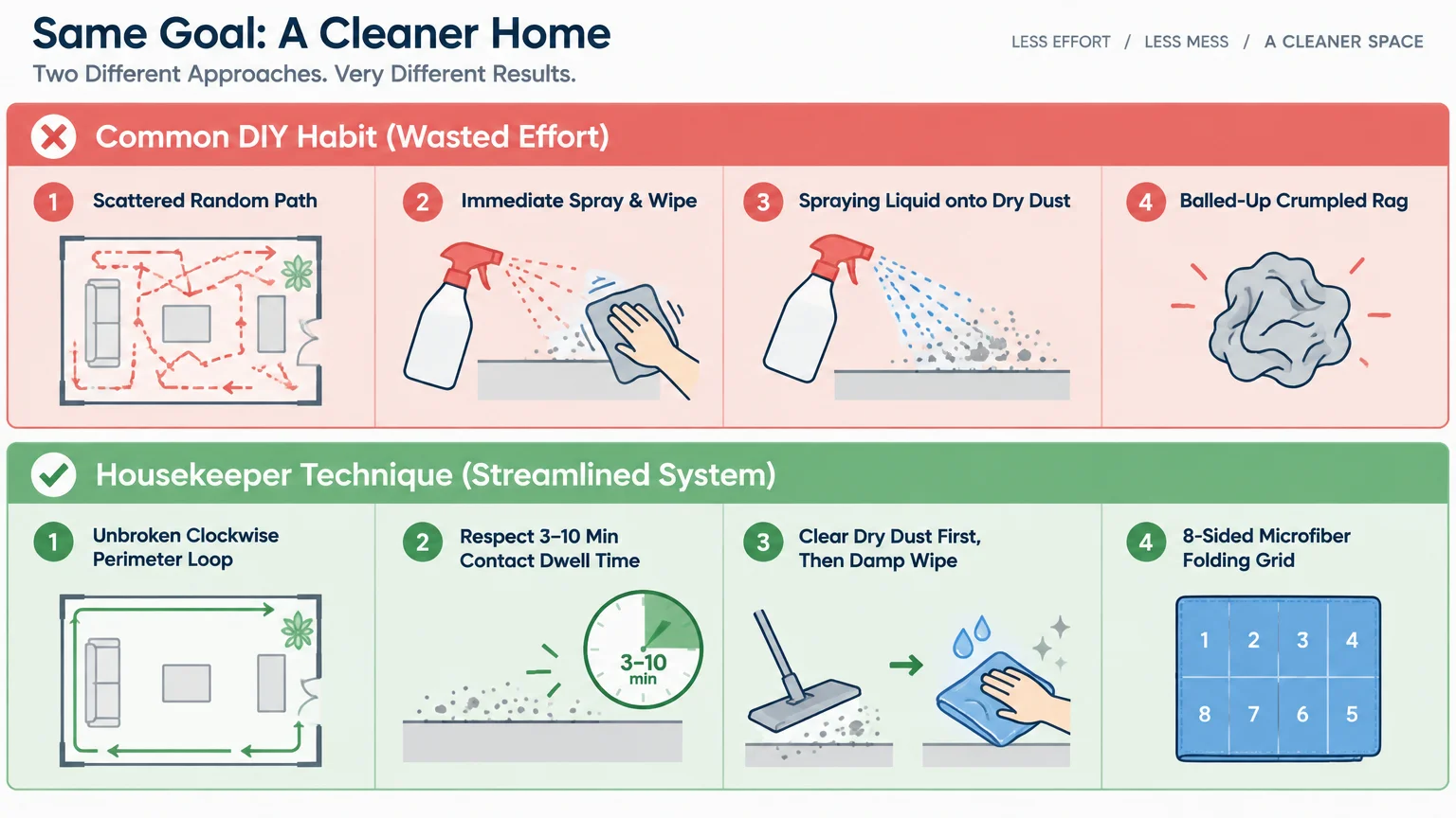 Diagram comparing four common DIY cleaning habits against four streamlined professional housekeeper techniques.