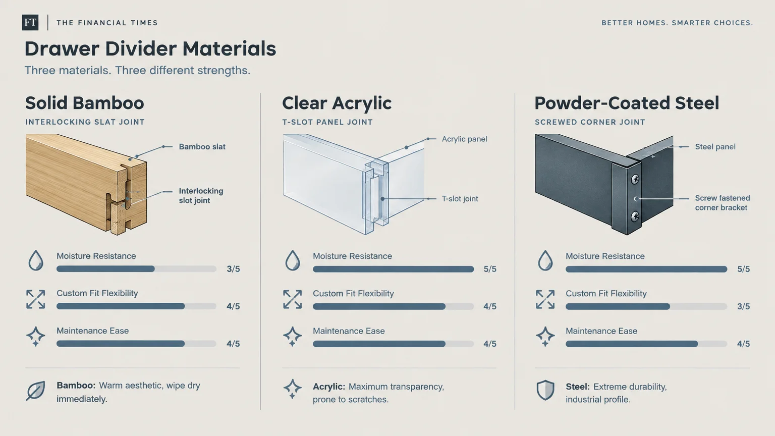 Diagram comparing solid bamboo, clear acrylic, and powder-coated steel drawer divider joints and rating metrics.