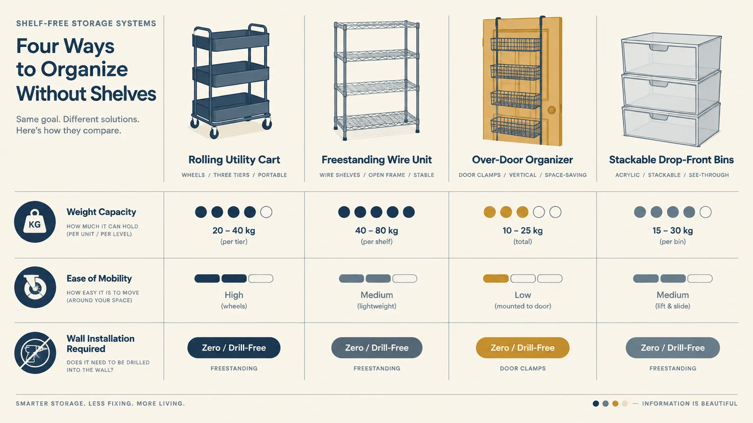 Infographic comparing rolling utility carts, freestanding wire units, door organizers, and stackable bins across three metrics.
