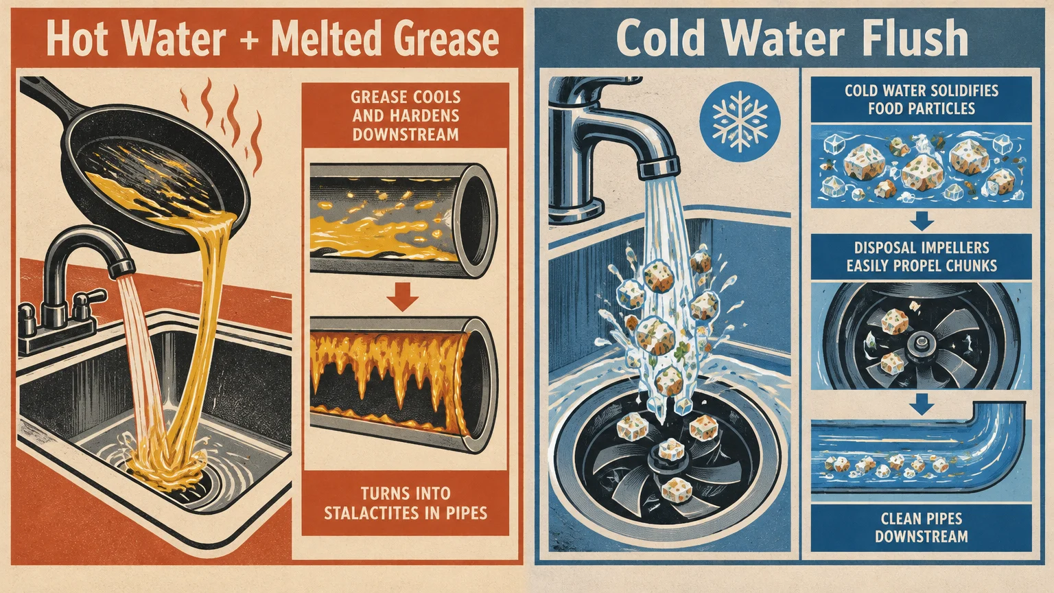Split diagram contrasting hot water melting grease into clogged pipes against cold water flushing solid particles smoothly.