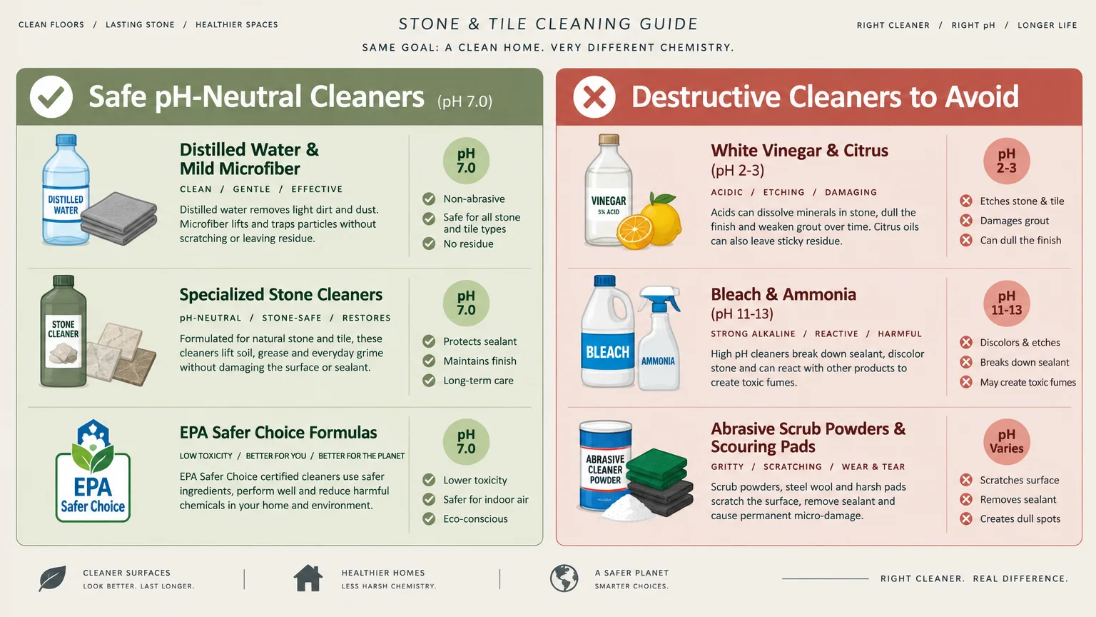 Stone and tile cleaning guide comparing safe pH-neutral cleaners against destructive acidic and alkaline products to avoid.