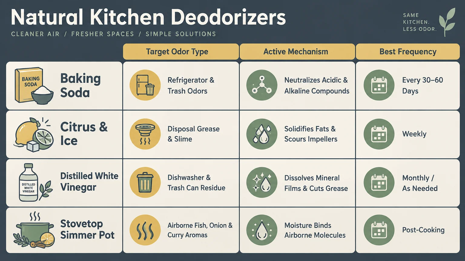 Infographic chart comparing natural kitchen deodorizers by target odor type, active mechanism, and best frequency.