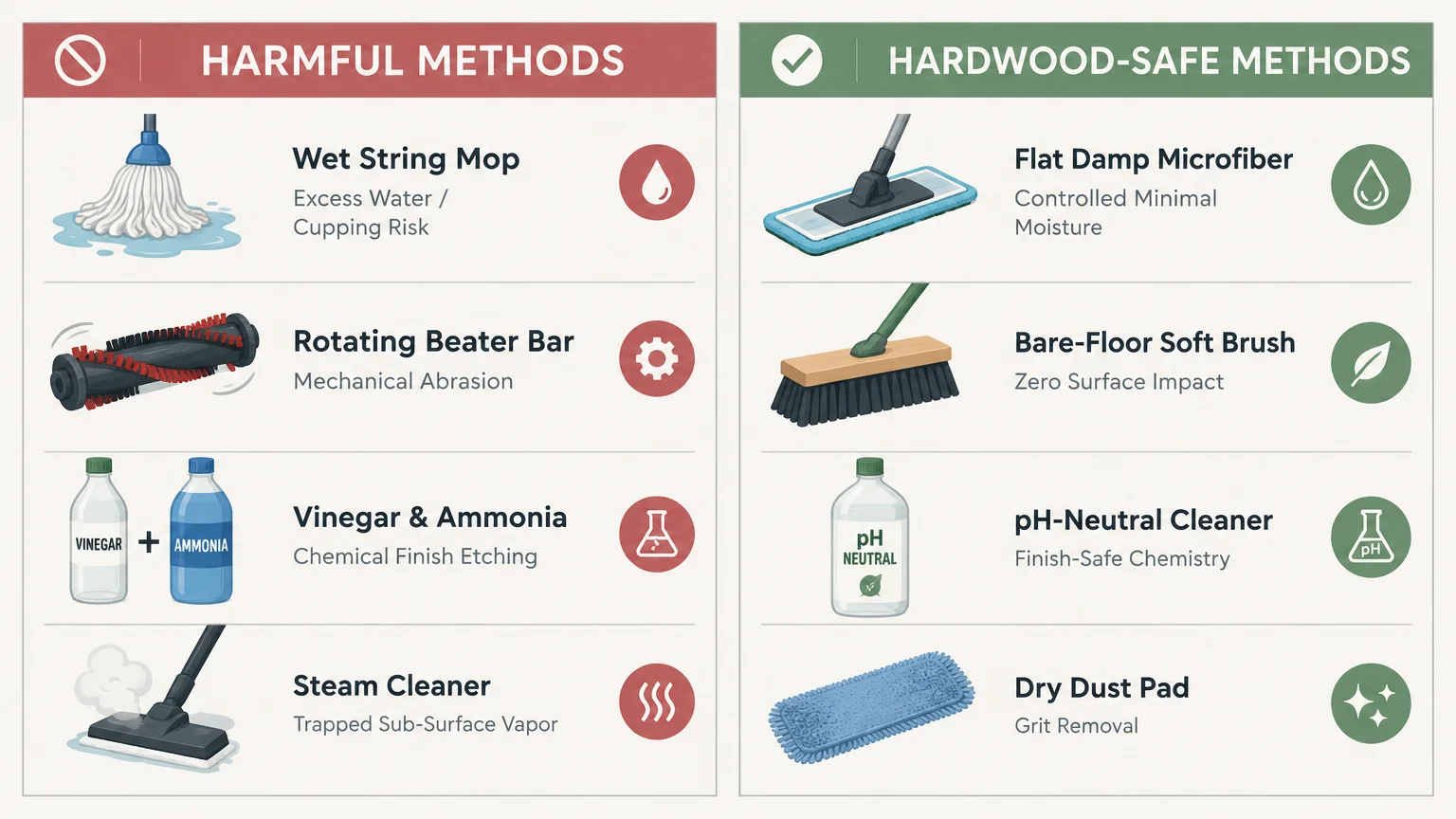 Comparison chart contrasting harmful cleaning methods like string mops and vinegar against safe tools like microfiber mops.