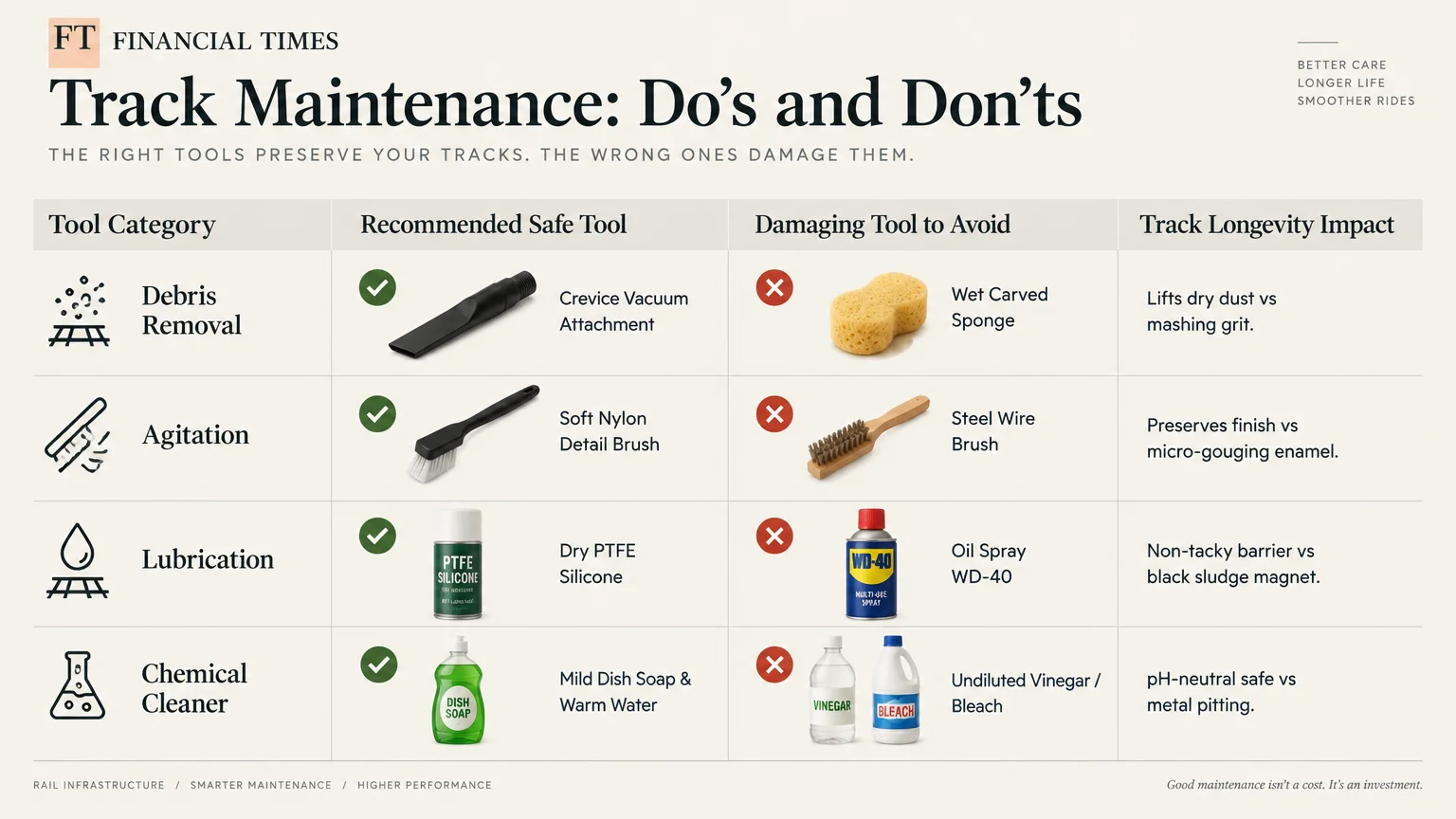 Track Maintenance: Do's and Don'ts chart comparing recommended safe tools against damaging tools to avoid.