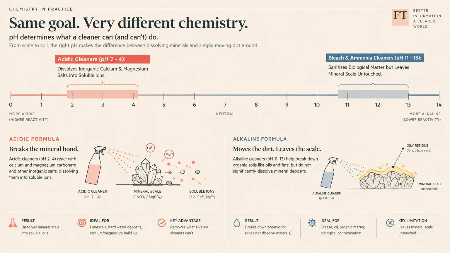 Diagram of a pH scale contrasting acidic cleaners at pH 2 to 4 with alkaline cleaners at pH 11 to 13.