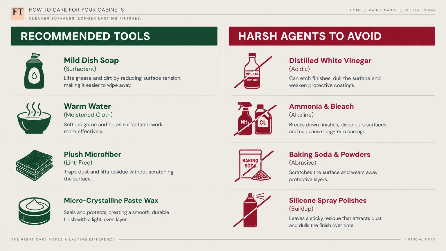Chart comparing recommended tools like mild dish soap and microfiber against harsh agents like vinegar and bleach to avoid.