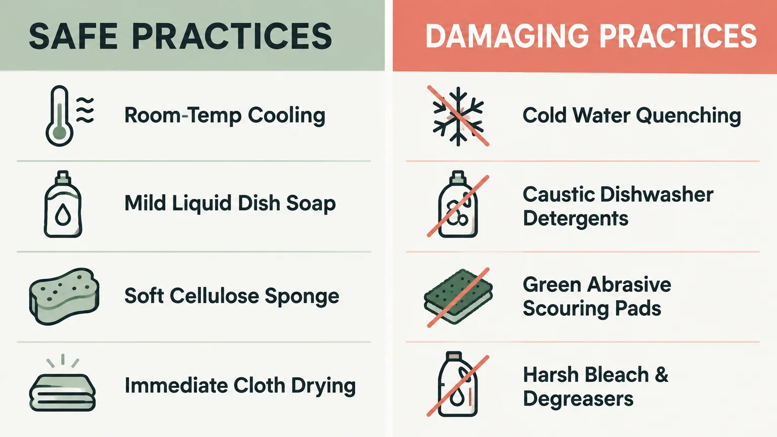 Two-column chart contrasting safe practices like soft sponges with damaging practices like abrasive scouring pads.