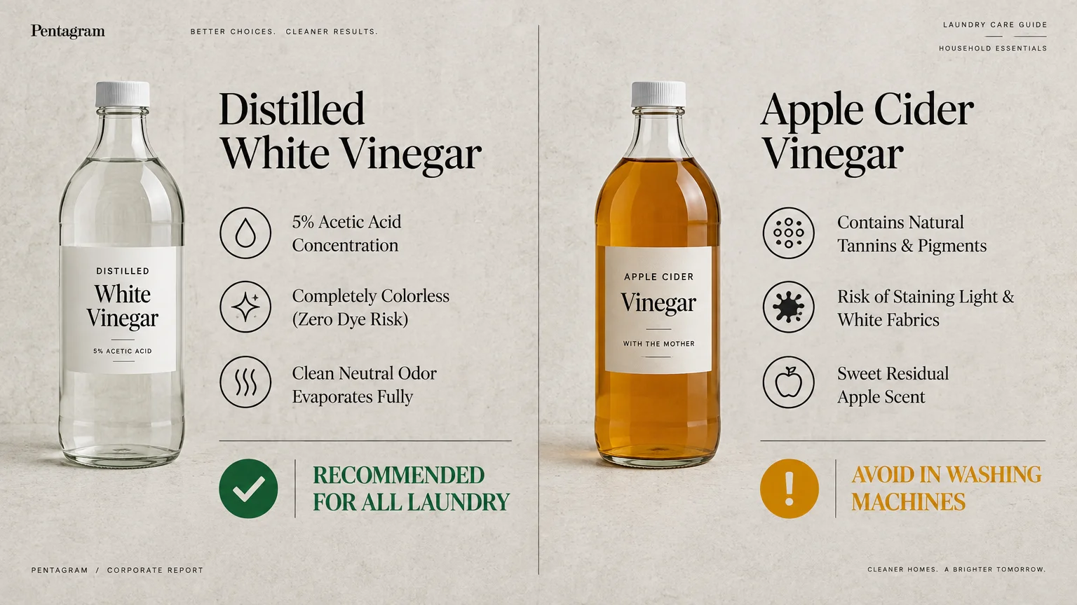 Graphic comparing a bottle of distilled white vinegar marked recommended with apple cider vinegar marked avoid.
