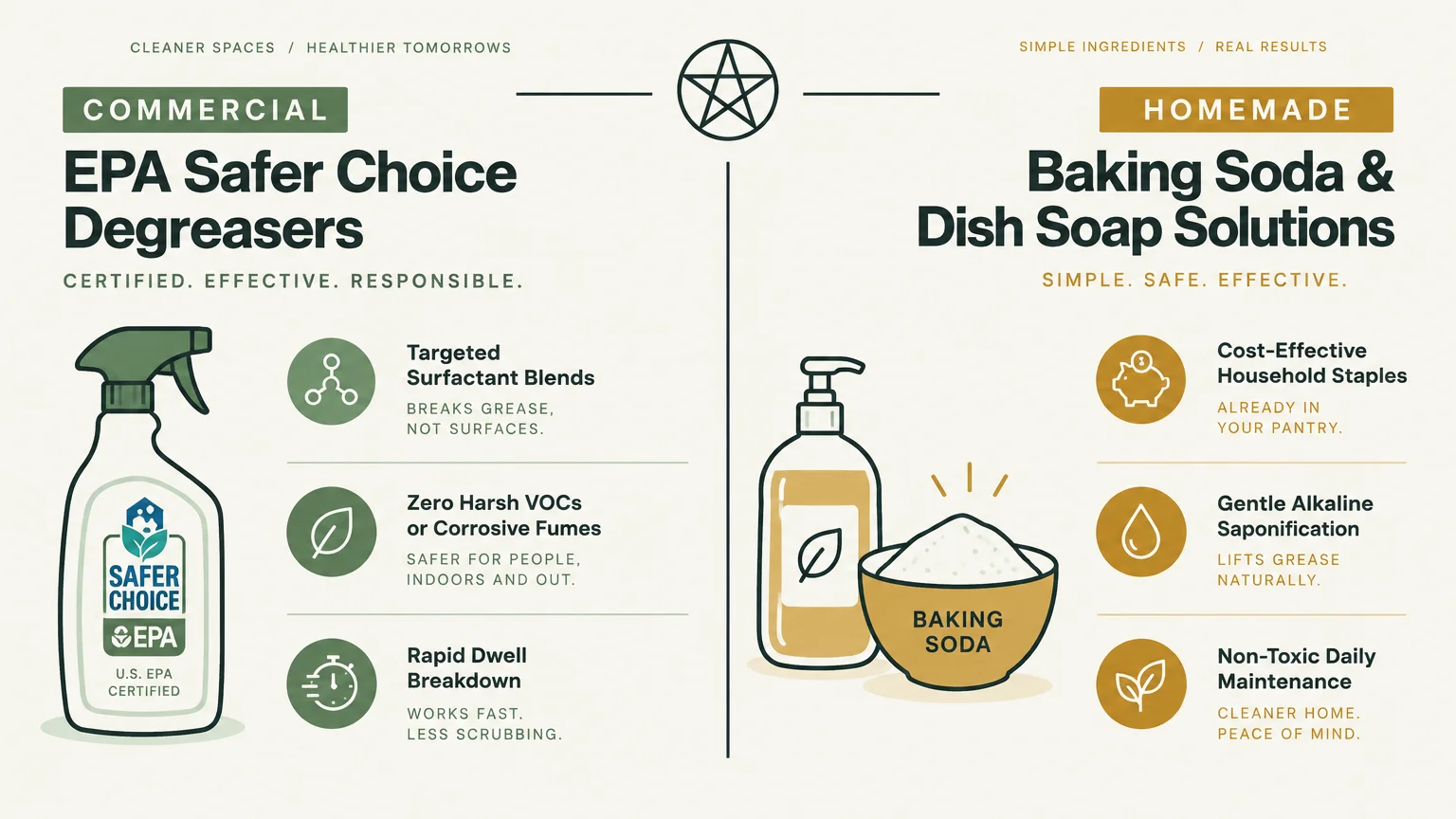 Graphic comparing commercial EPA Safer Choice degreasers on the left with homemade baking soda and dish soap on the right.