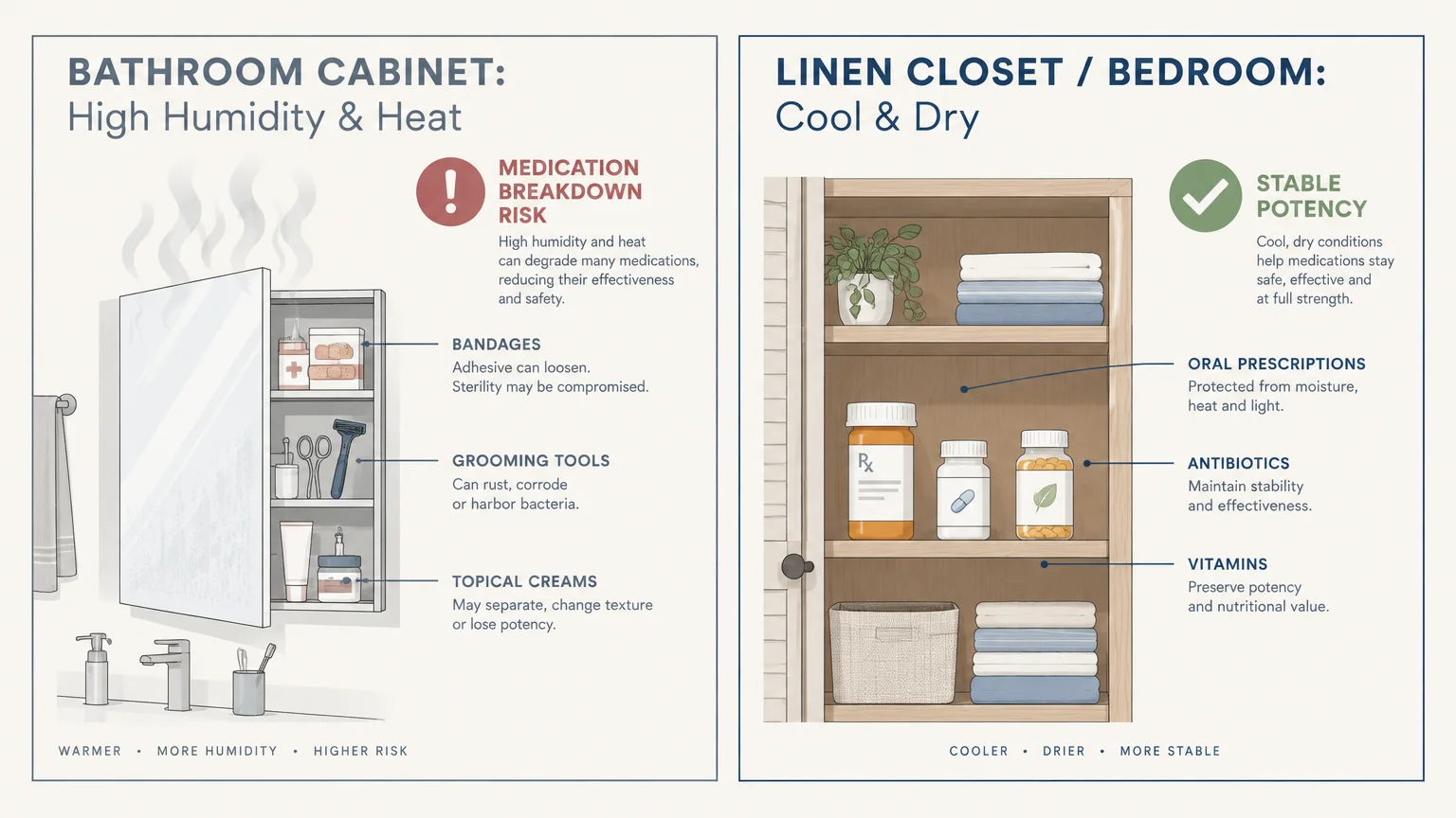 Diagram comparing high humidity bathroom cabinets with cool linen closets for medication storage.