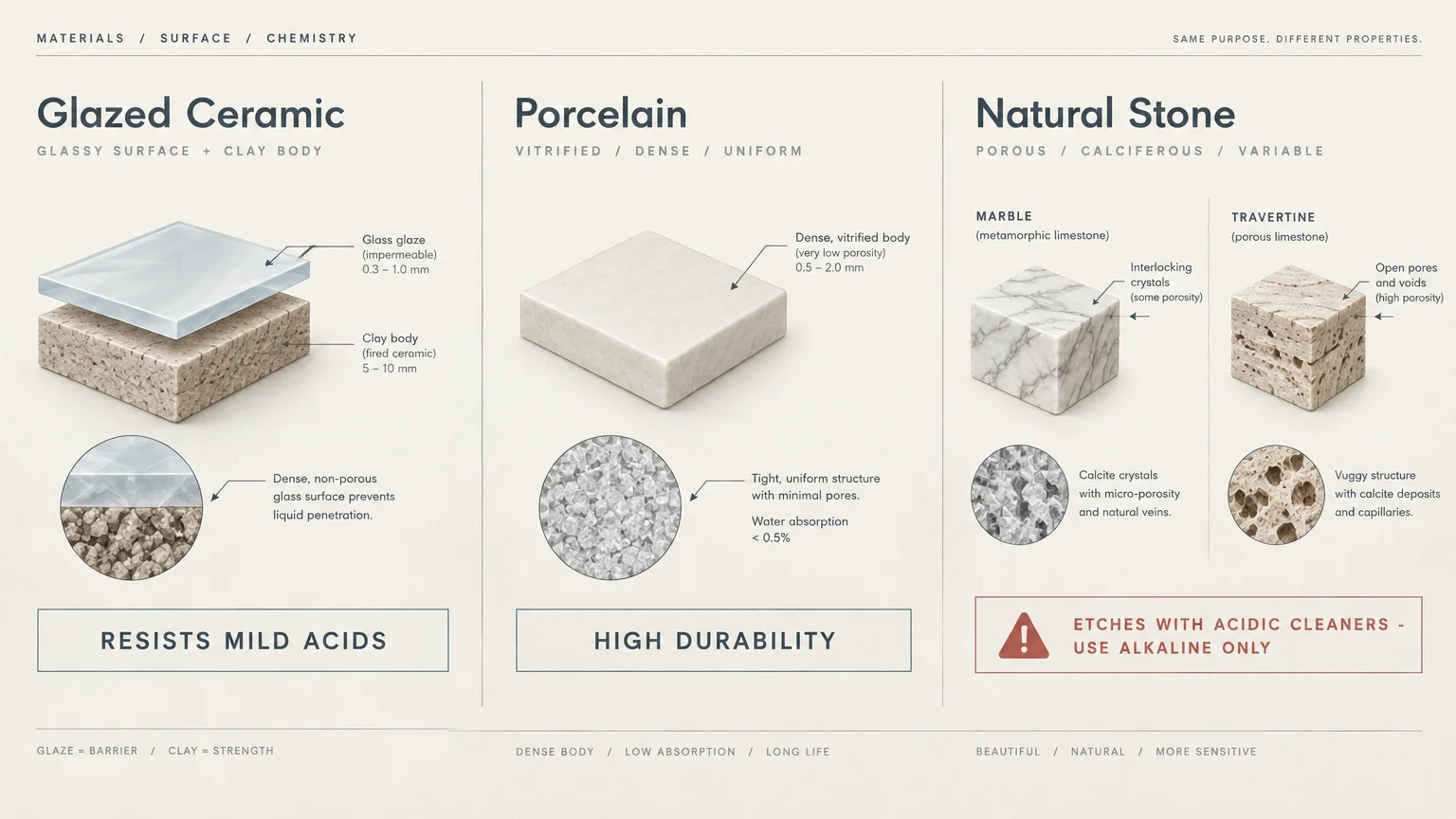 Diagram comparing material structures and acid resistance of glazed ceramic, porcelain, marble, and travertine tiles.
