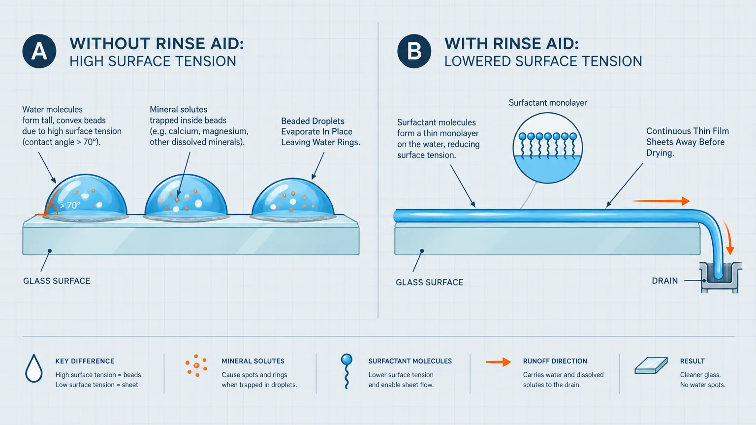 Diagram comparing water beading on glass without rinse aid to water sheeting into a drain with rinse aid.