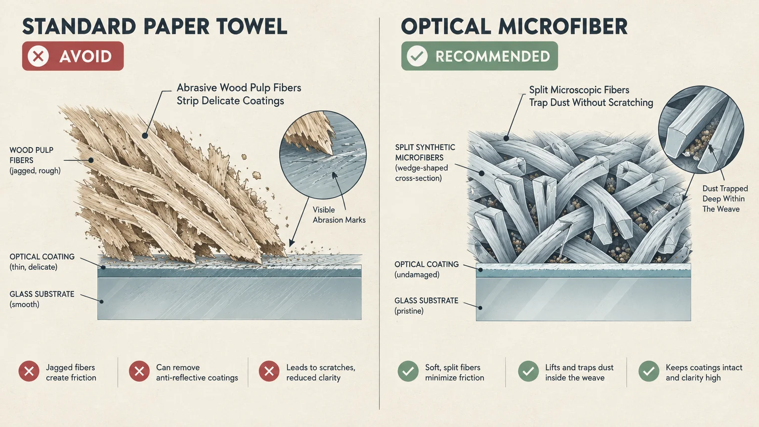 Diagram comparing abrasive wood pulp fibers scratching an optical coating versus soft split microfibers trapping dust.