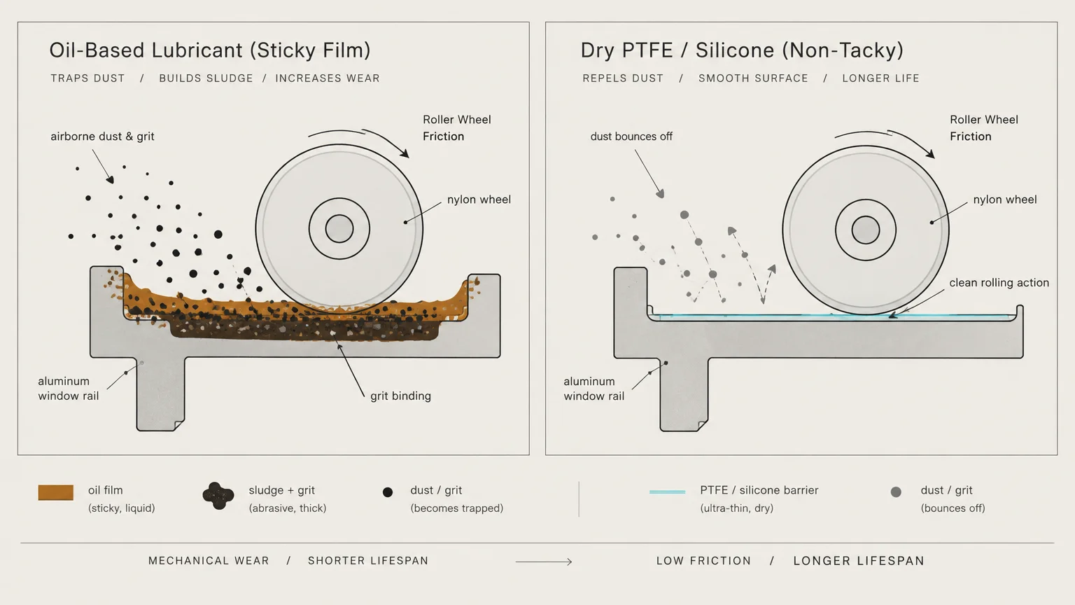 Diagram comparing oil-based lubricant creating sludge versus dry PTFE repelling dust beneath a nylon roller wheel.
