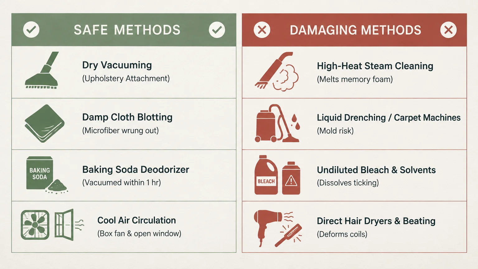 Chart comparing safe methods like dry vacuuming on the left with damaging methods like steam cleaning on the right.