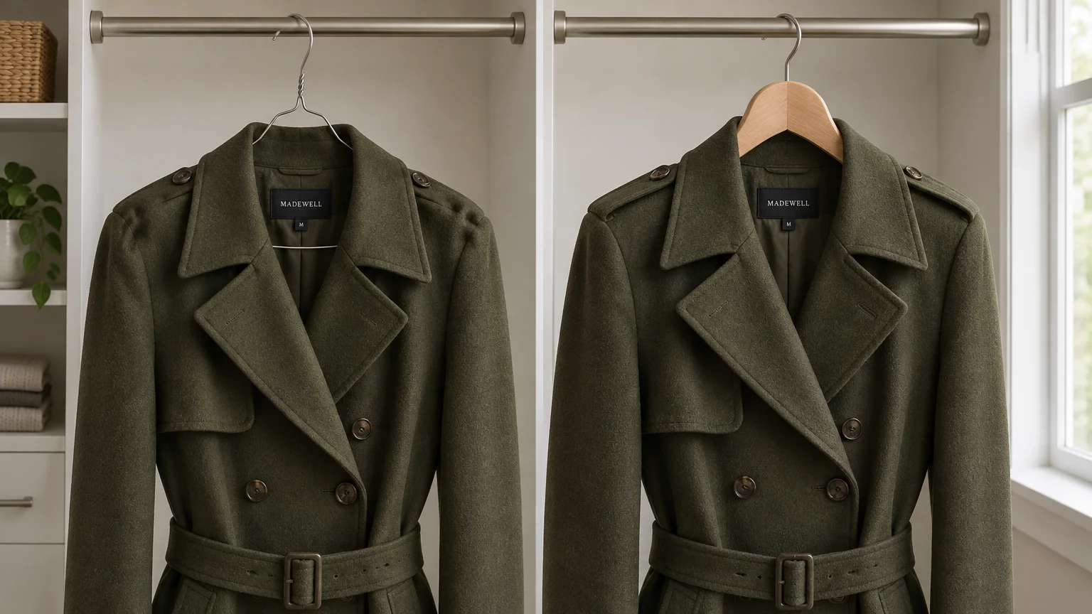 Side-by-side comparison of an olive green wool coat on a thin wire hanger versus a wide wooden hanger in a closet.