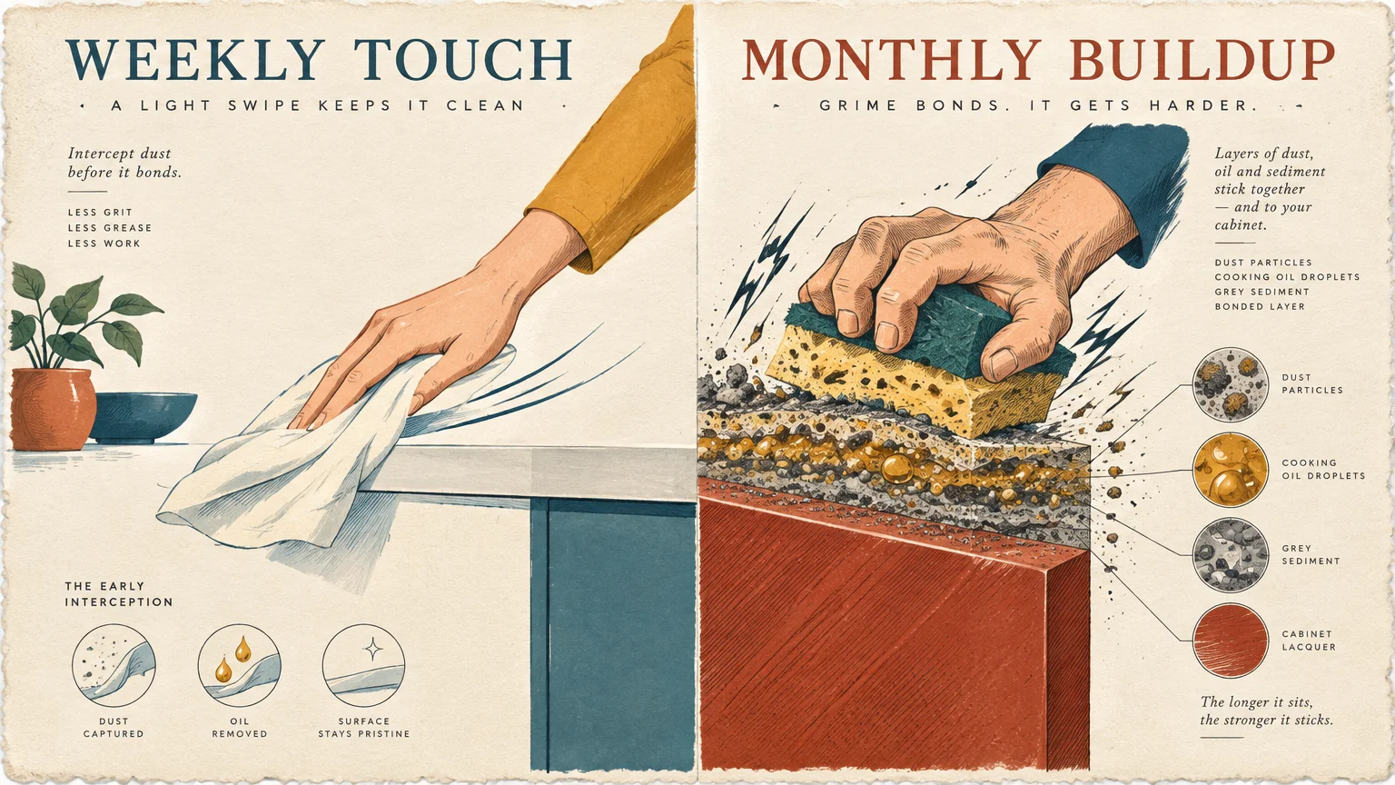 Split illustration comparing an easy weekly cloth wipe to aggressive sponge scrubbing on bonded grime layers.