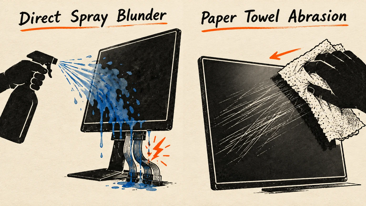 Illustrations showing liquid sprayed on a computer monitor and a paper towel scratching a tablet screen.