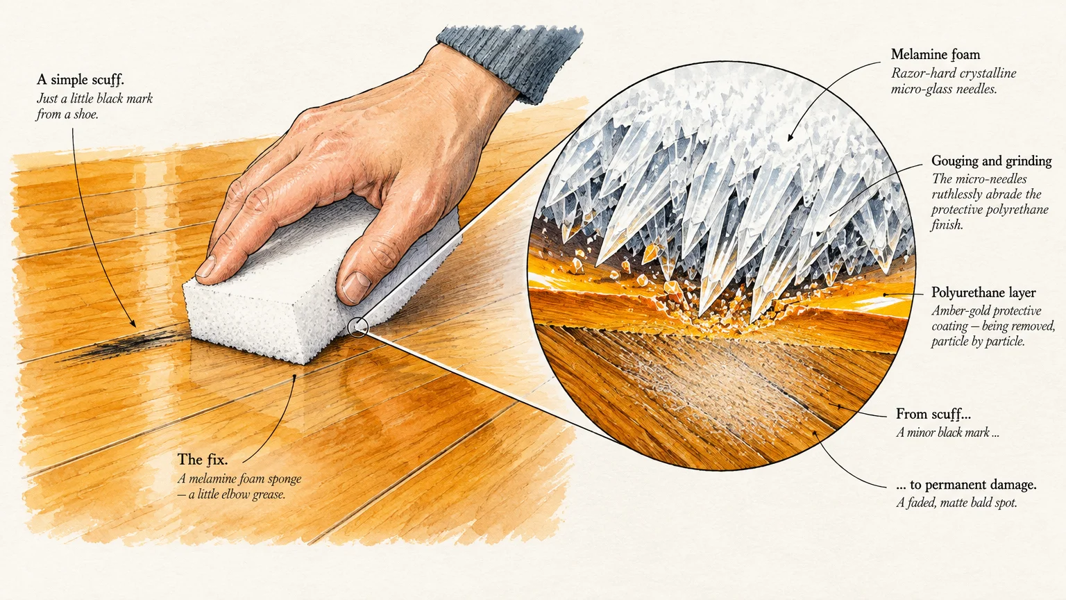 Illustration of a hand using a white melamine sponge on a wood floor beside a microscopic view of abrasive needles scratching finish.