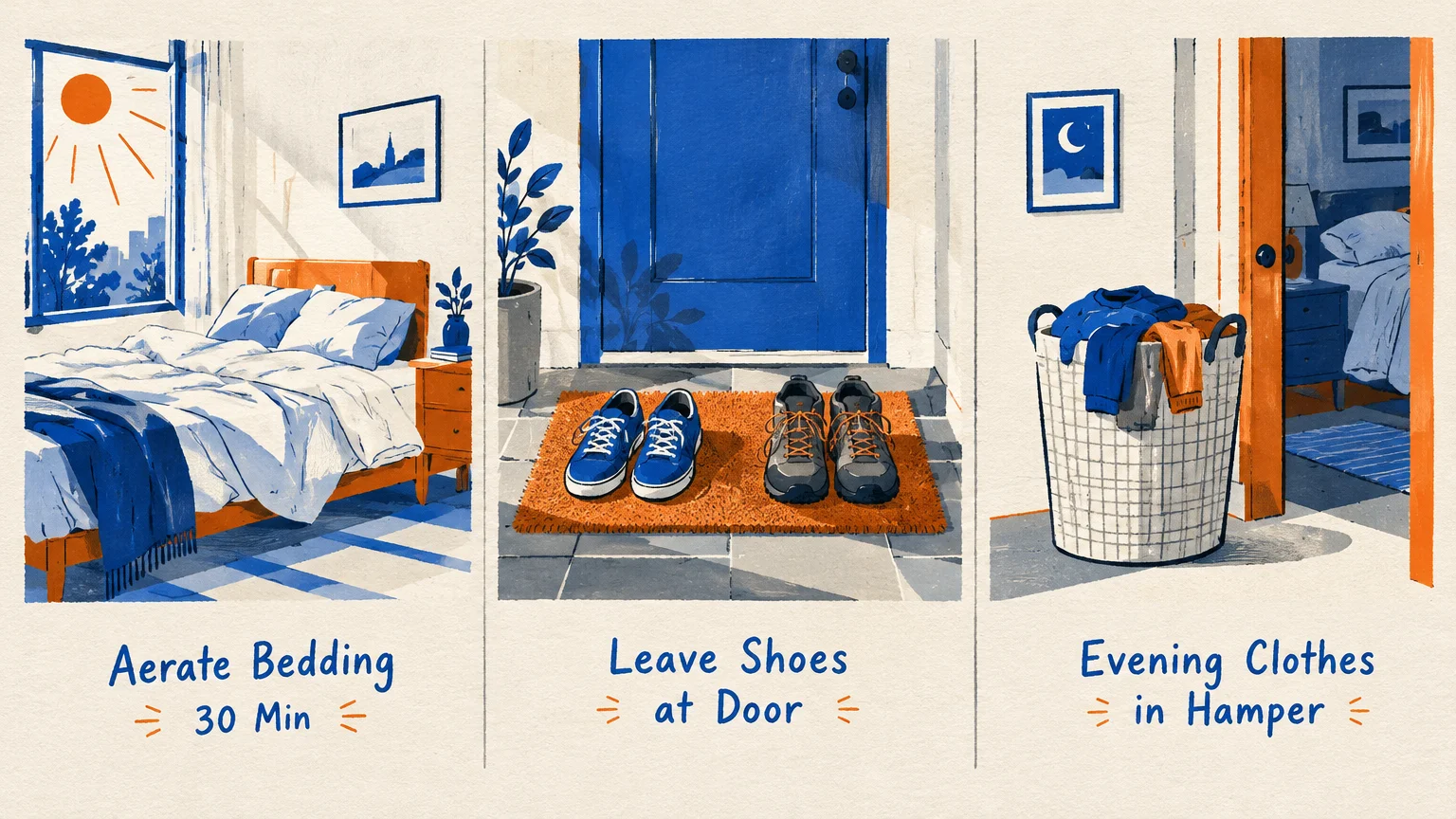 Three-panel illustration showing a sunny unmade bed, shoes on a doormat, and clothes inside a laundry hamper.