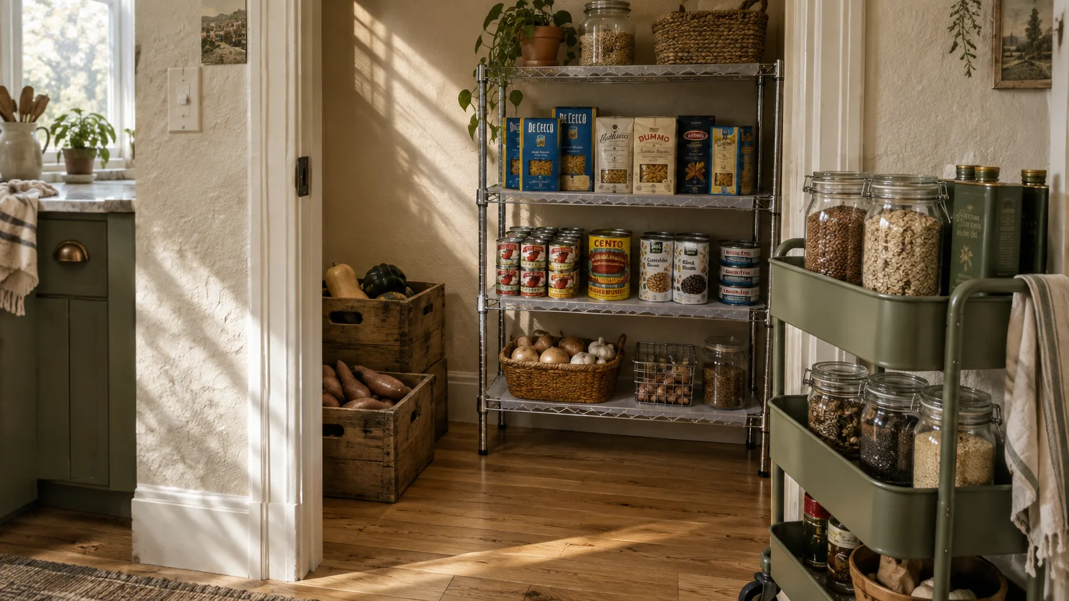 Walk-in pantry with freestanding wire shelving, stacked wooden produce crates, and a green utility cart holding dry goods.