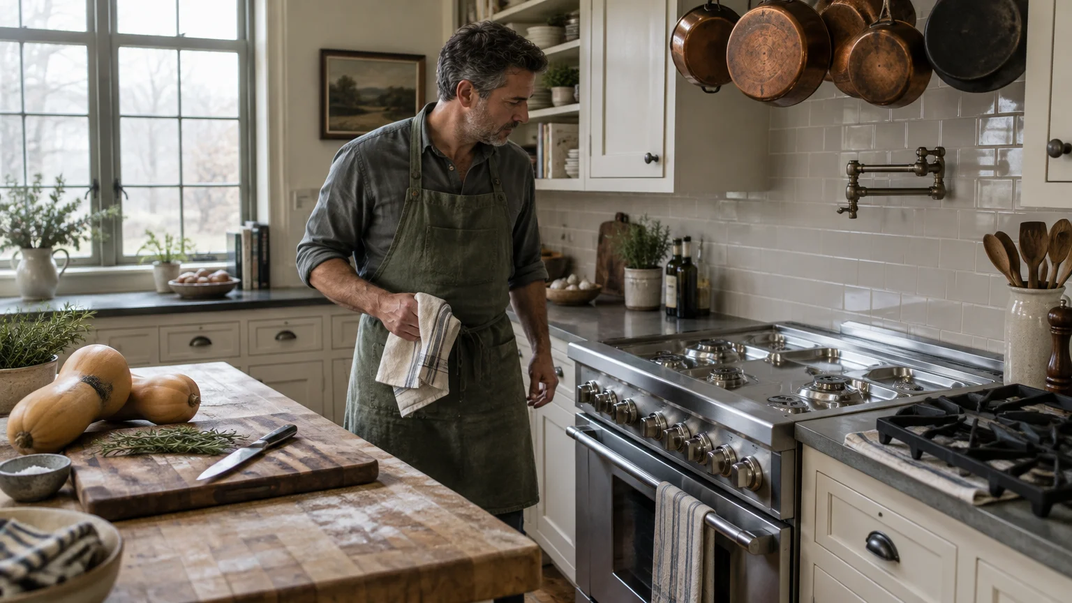 A man wearing an apron holds a dish towel beside a large stainless steel stove in a rustic kitchen.
