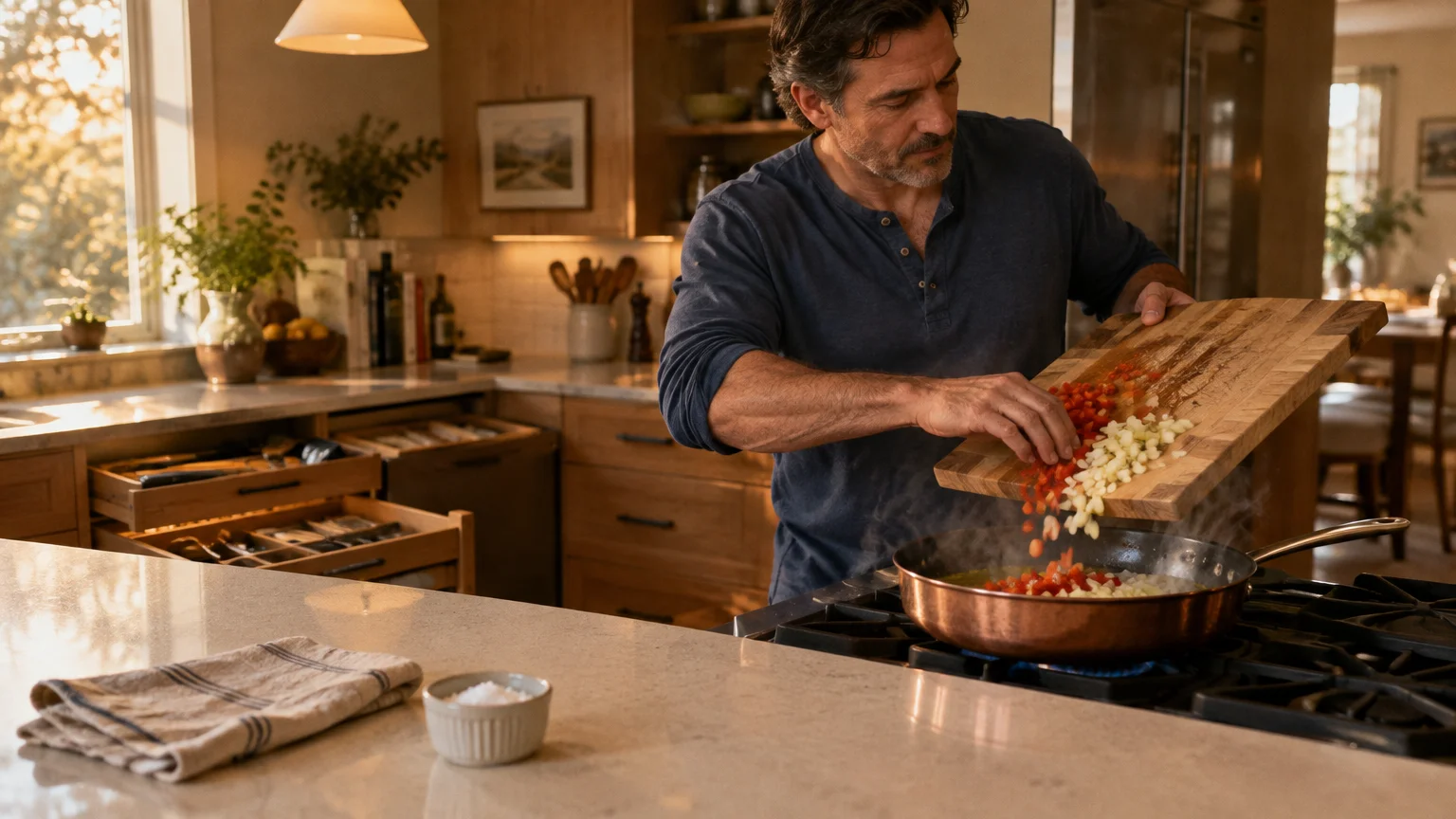 A man slides chopped vegetables from a cutting board into a hot skillet on a gas stove in a warm kitchen.