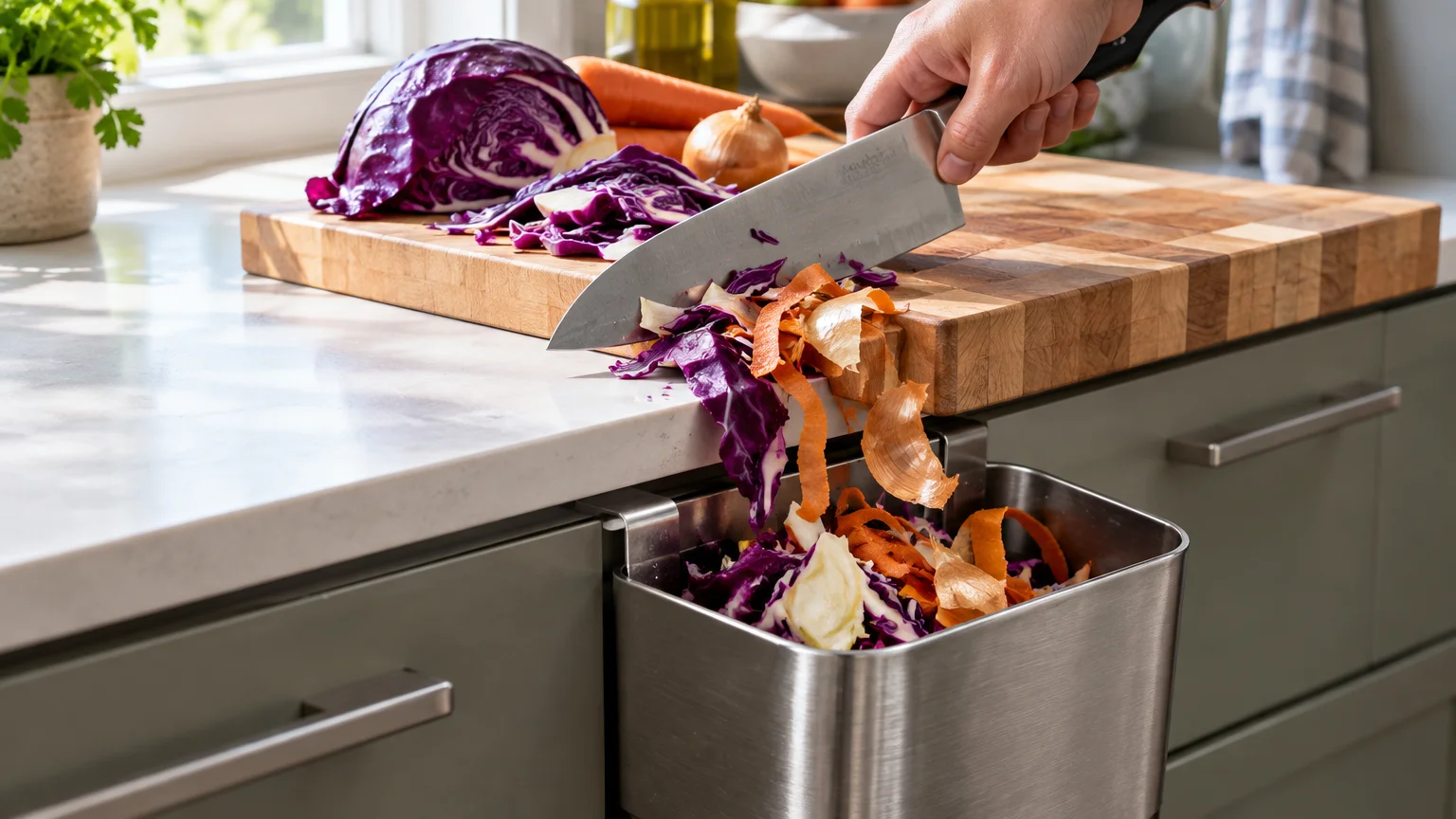 Knife scraping chopped red cabbage and onion skins off a wooden cutting board into a mounted stainless steel scrap bin.