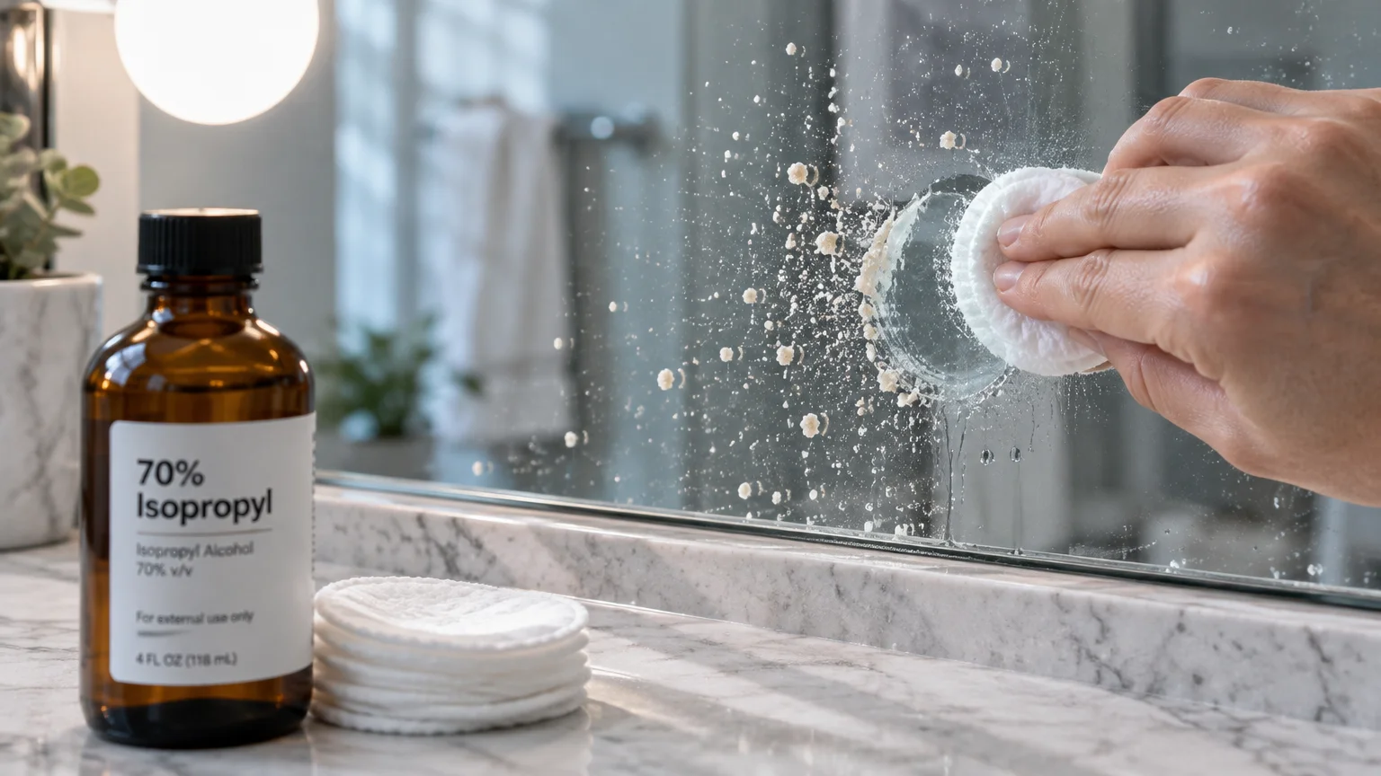 A hand wipes splatters off a bathroom mirror with a cotton round next to a bottle of isopropyl alcohol.