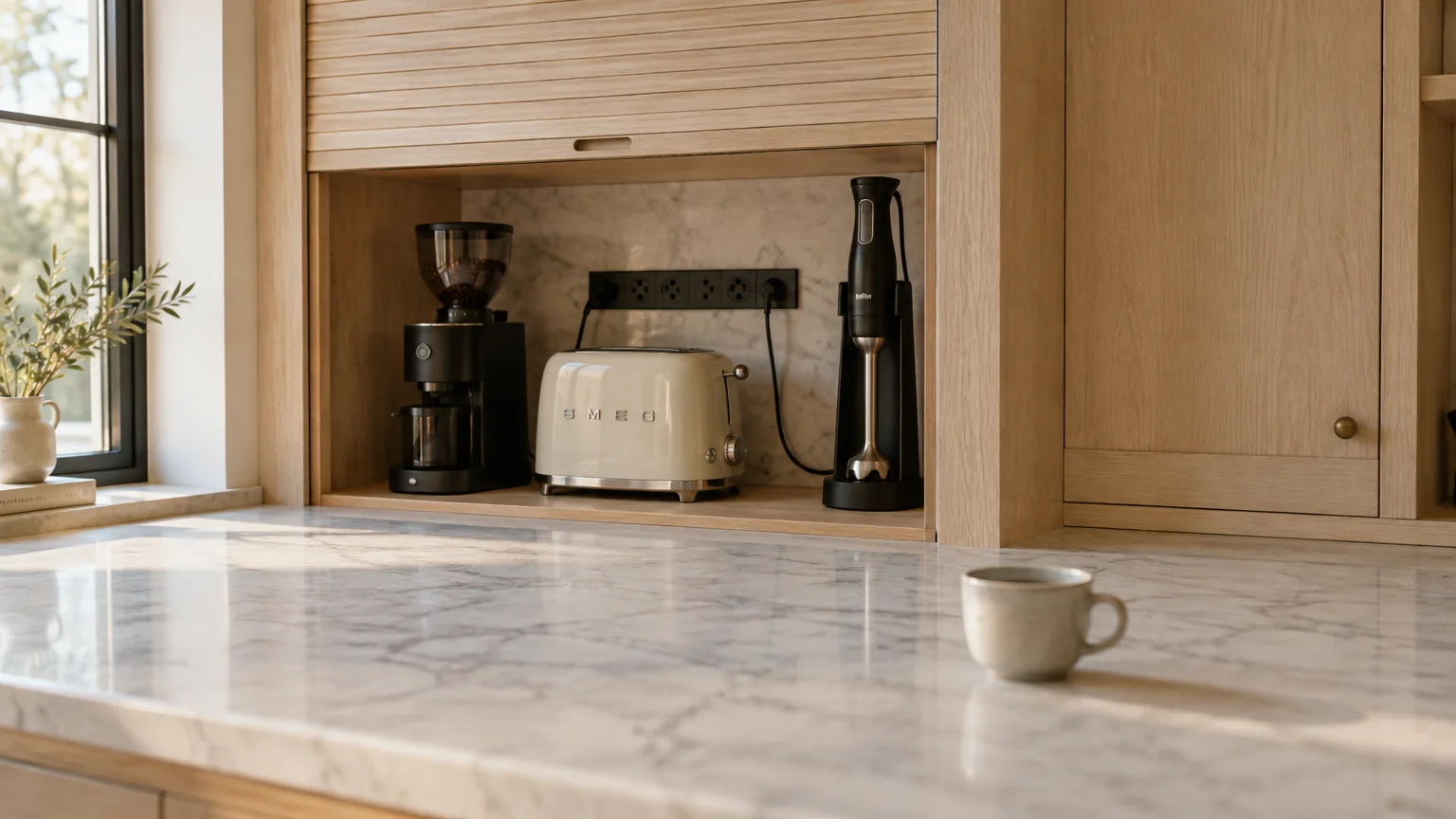 A wooden tambour appliance garage reveals a coffee grinder, toaster, and immersion blender on a marble counter.