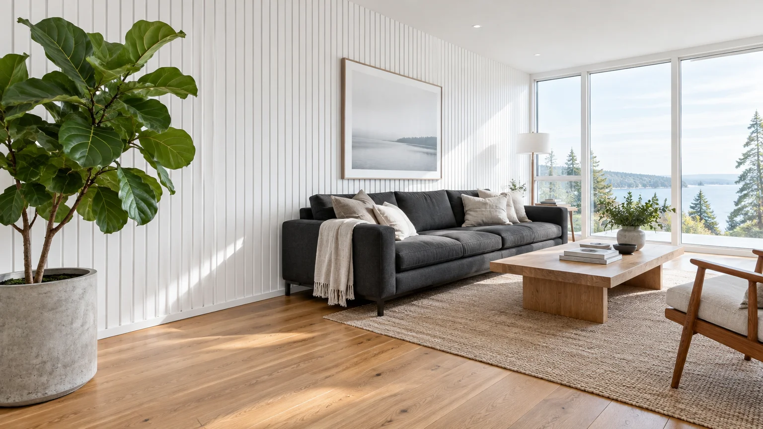 Living room with white vertical wood paneling, dark gray sofa, wood coffee table, potted plant, and large scenic windows.