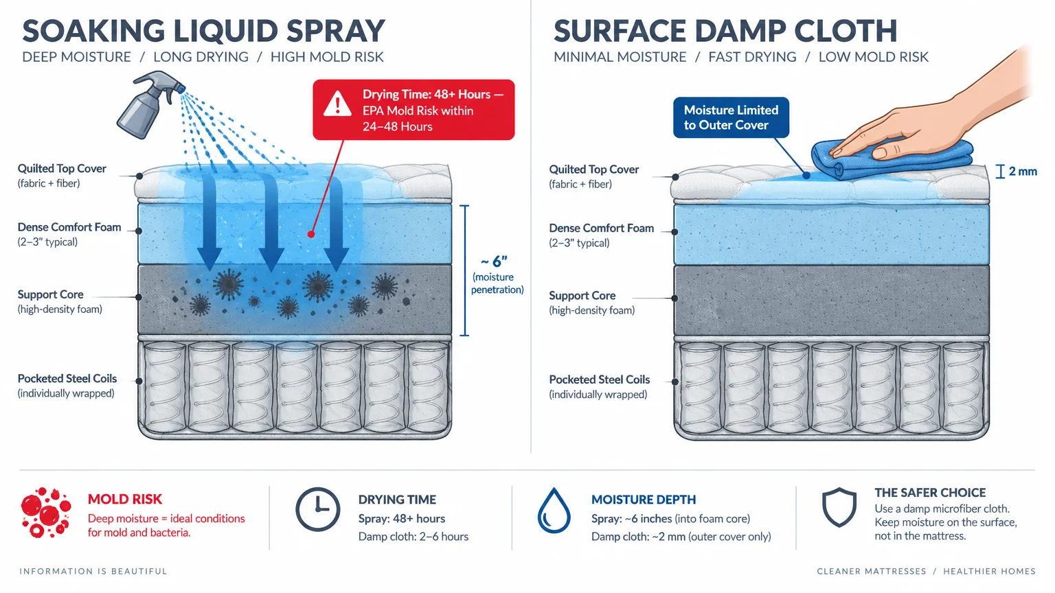 Diagram comparing soaking liquid spray penetrating mattress foam layers against surface damp cloth cleaning.