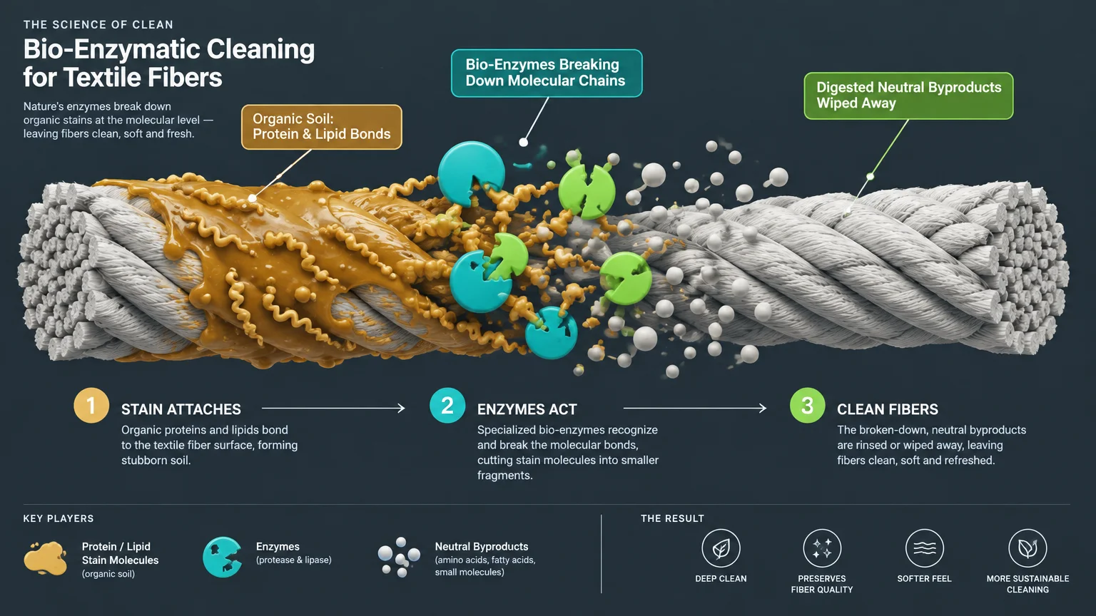 Diagram of textile fibers showing enzymes breaking down organic soil into neutral byproducts across three labeled steps.
