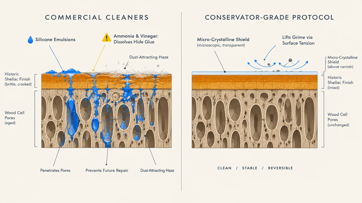Cross-section diagram comparing commercial cleaners penetrating wood pores versus conservator-grade surface protection.