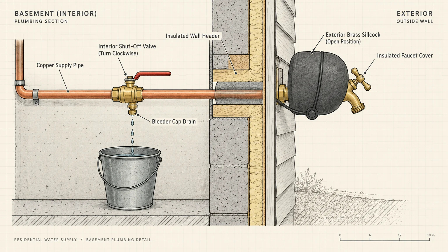 Cross section diagram of basement plumbing showing an interior shut-off valve draining water into a bucket beside an outdoor spigot.